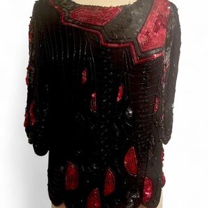 Vtg black red beaded sequined geometric Gatsby art deco design scalloped edges